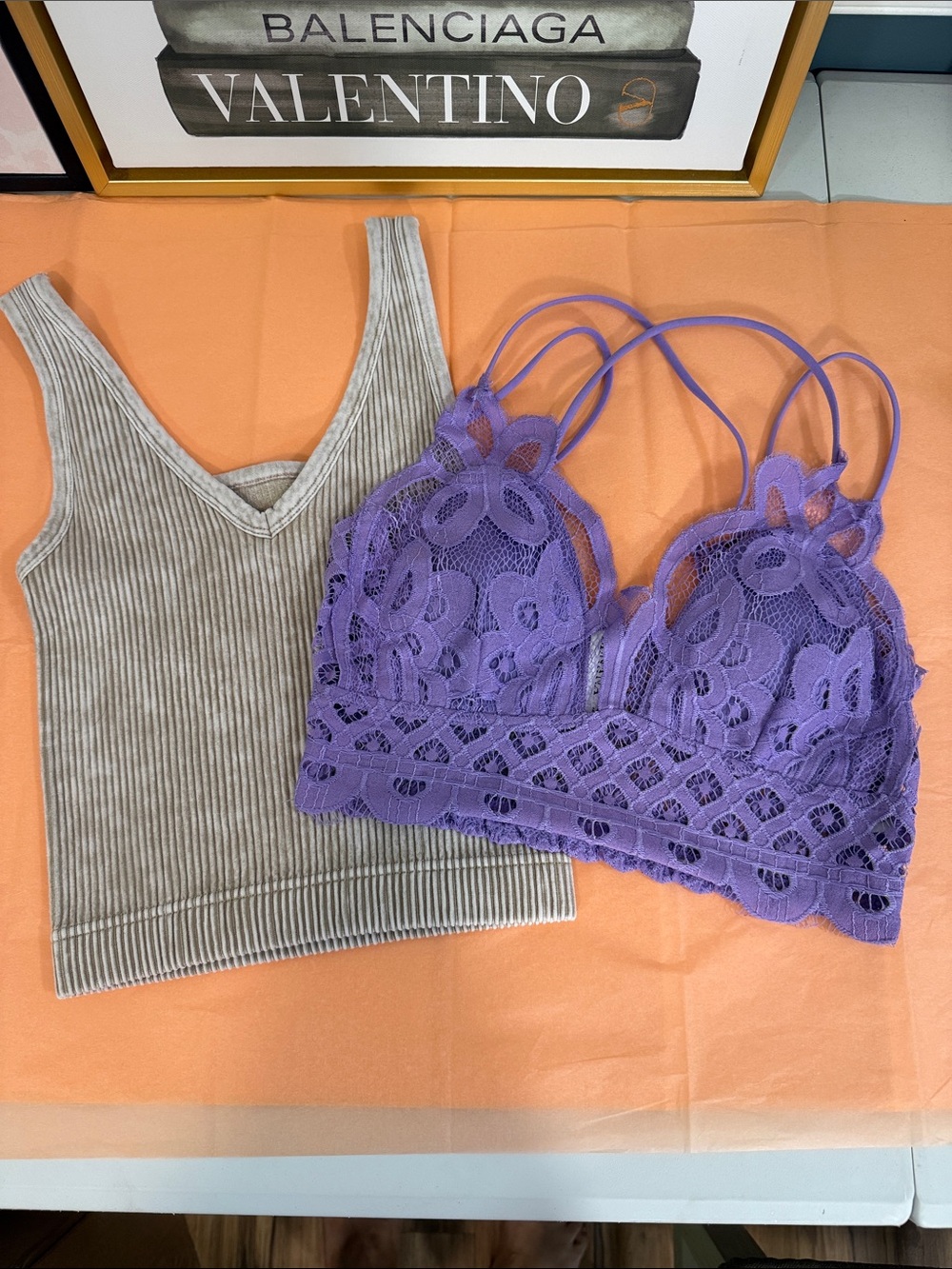 Set of 2 - Zenana Lavender Lace Bralette with Floral Crochet and Ribbed Brami